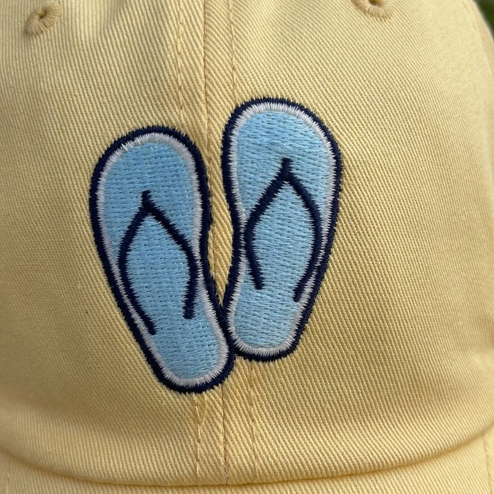 Life is Good Yellow Baseball Cap with Blue Flipflops